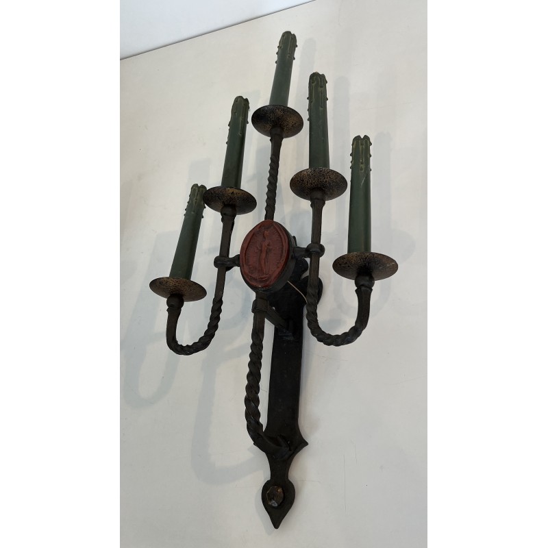 Large Pair of Five-Light Wrought Iron Gothic Style Wall Sconces with Coat of Arms, French Work, Circa 1940