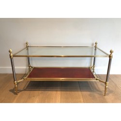 Table Basse de Style Néoclassique en Laiton, Plateau en Cuir Rouge, Maison Jansen, Vers 1940