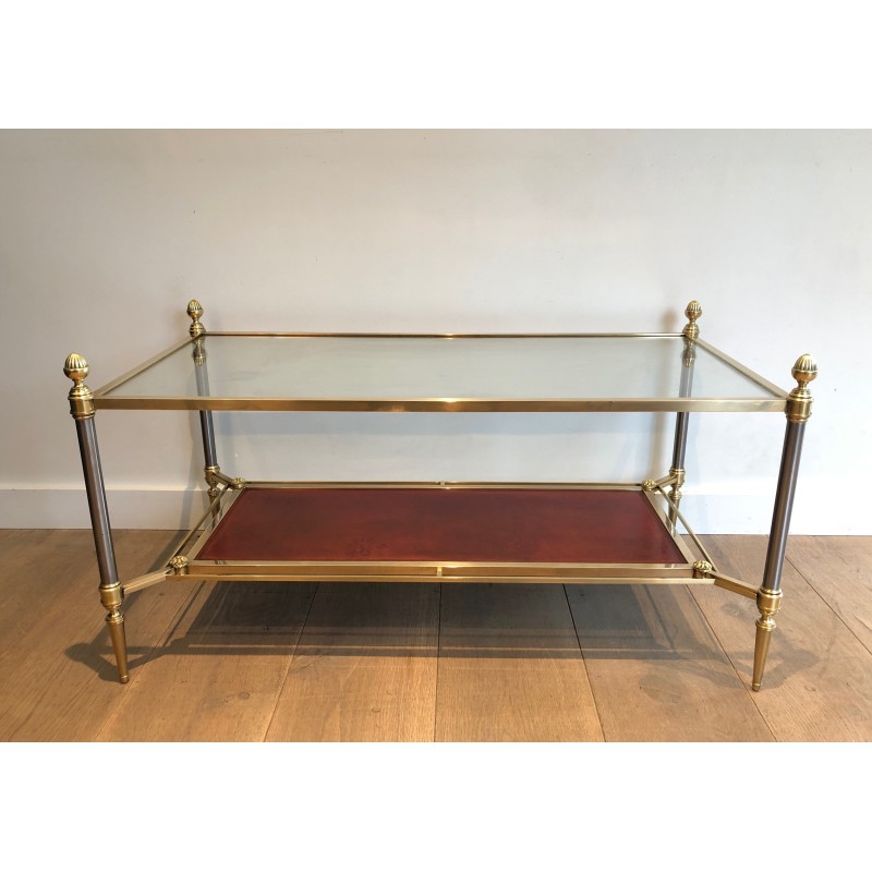 Table Basse de Style Néoclassique en Laiton, Plateau en Cuir Rouge, Maison Jansen, Vers 1940
