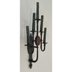 Large Pair of Five-Light Wrought Iron Gothic Style Wall Sconces with Coat of Arms, French Work, Circa 1940