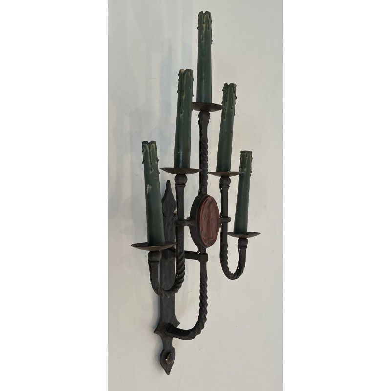Large Pair of Five-Light Wrought Iron Gothic Style Wall Sconces with Coat of Arms, French Work, Circa 1940