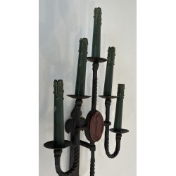 Large Pair of Five-Light Wrought Iron Gothic Style Wall Sconces with Coat of Arms, French Work, Circa 1940
