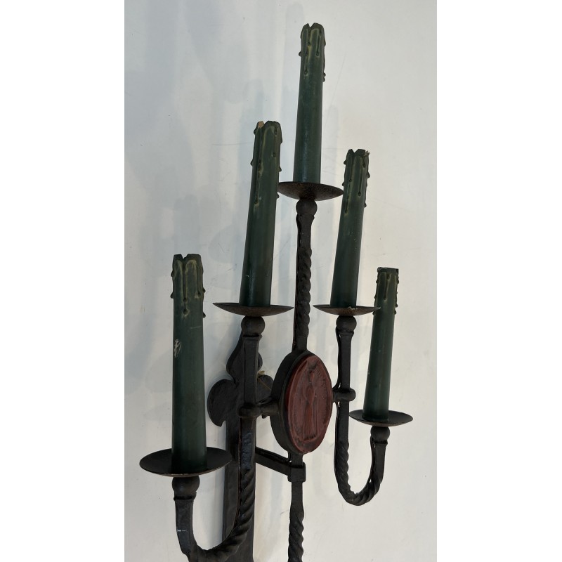 Large Pair of Five-Light Wrought Iron Gothic Style Wall Sconces with Coat of Arms, French Work, Circa 1940