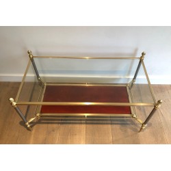 Neoclassical Style Brass Coffee Table with Red Leather Lower Shelf, Maison Jansen, Circa 1940