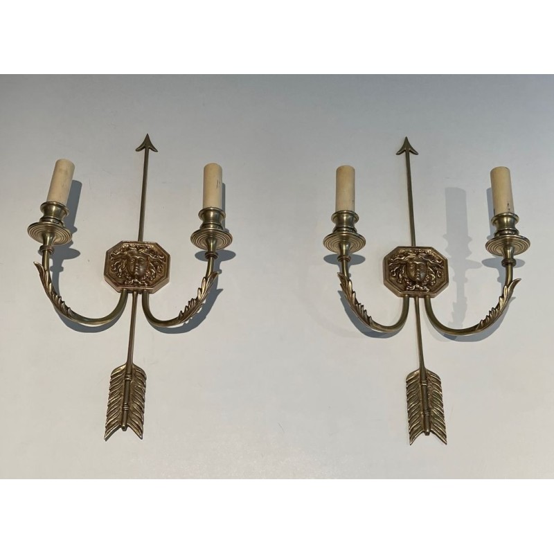 Pair of Empire Bronze Arrow Wall Sconces, Sun King Effigy, by Lucien Gau | circa 1950