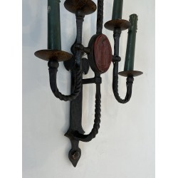 Large Pair of Five-Light Wrought Iron Gothic Style Wall Sconces with Coat of Arms, French Work, Circa 1940