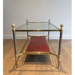 Neoclassical Style Brass Coffee Table with Red Leather Lower Shelf, Maison Jansen, Circa 1940