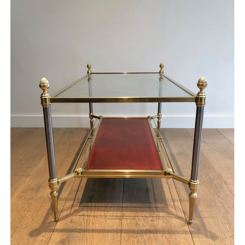 Table Basse de Style Néoclassique en Laiton, Plateau en Cuir Rouge, Maison Jansen, Vers 1940
