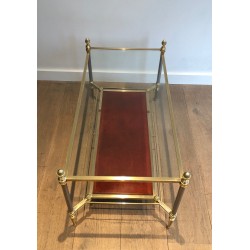 Neoclassical Style Brass Coffee Table with Red Leather Lower Shelf, Maison Jansen, Circa 1940