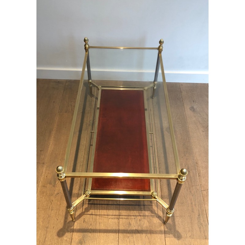 Table Basse de Style Néoclassique en Laiton, Plateau en Cuir Rouge, Maison Jansen, Vers 1940