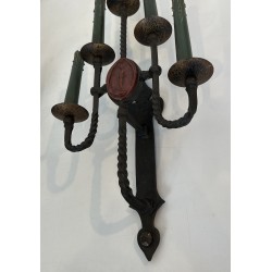 Large Pair of Five-Light Wrought Iron Gothic Style Wall Sconces with Coat of Arms, French Work, Circa 1940