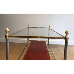 Neoclassical Style Brass Coffee Table with Red Leather Lower Shelf, Maison Jansen, Circa 1940