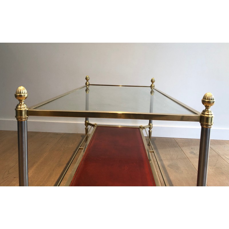 Neoclassical Style Brass Coffee Table with Red Leather Lower Shelf, Maison Jansen, Circa 1940