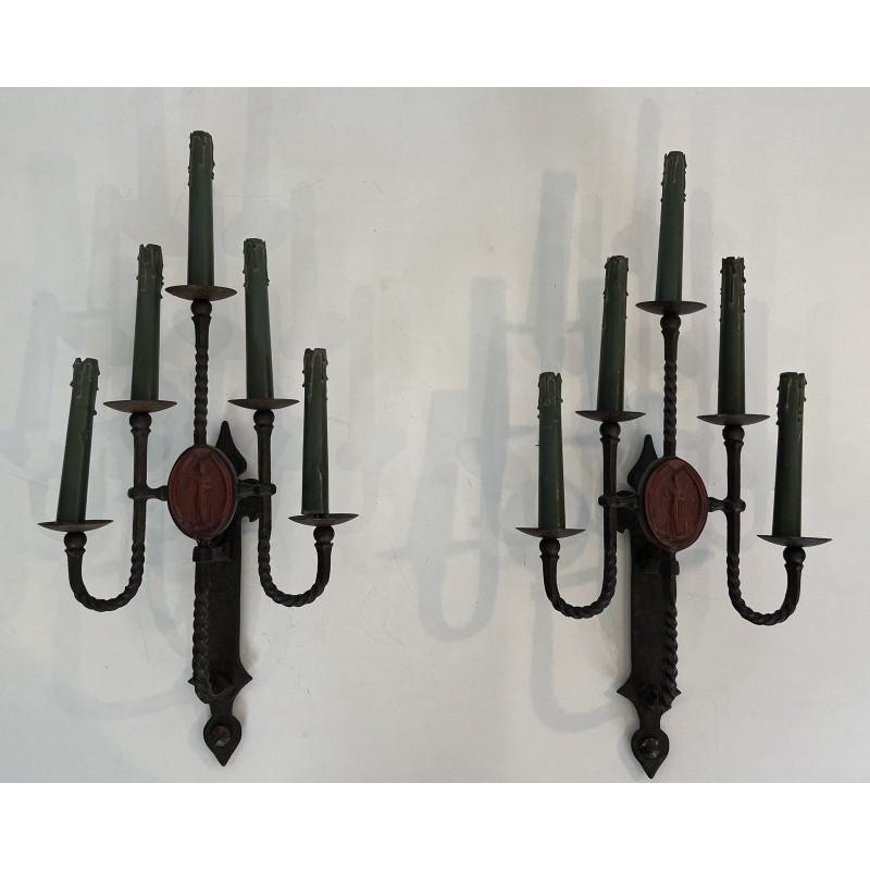 Importante Paire d'Appliques en Fer Forgé à 5 Bras de Lumière de Style Gothique