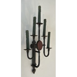 Large Pair of Five-Light Wrought Iron Gothic Style Wall Sconces with Coat of Arms, French Work, Circa 1940