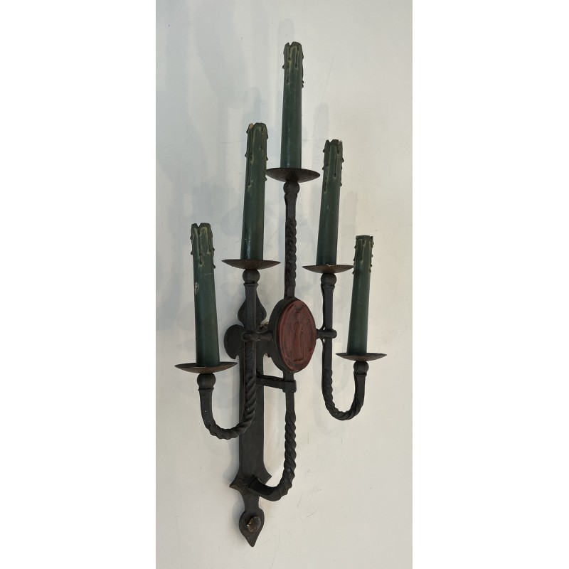Large Pair of Five-Light Wrought Iron Gothic Style Wall Sconces with Coat of Arms, French Work, Circa 1940
