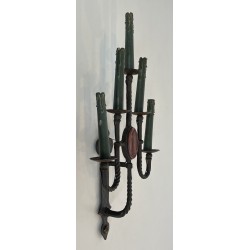 Large Pair of Five-Light Wrought Iron Gothic Style Wall Sconces with Coat of Arms, French Work, Circa 1940