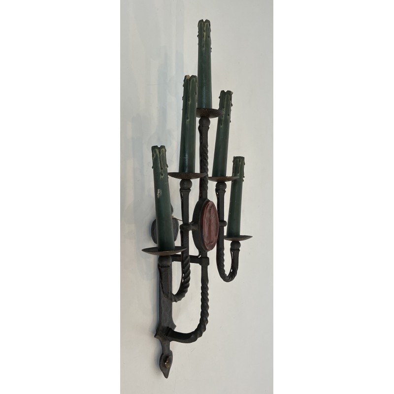 Large Pair of Five-Light Wrought Iron Gothic Style Wall Sconces with Coat of Arms, French Work, Circa 1940