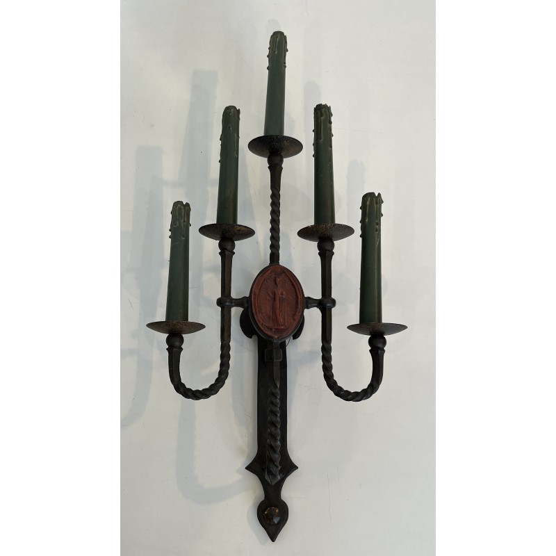 Large Pair of Five-Light Wrought Iron Gothic Style Wall Sconces with Coat of Arms, French Work, Circa 1940