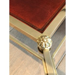 Neoclassical Style Brass Coffee Table with Red Leather Lower Shelf, Maison Jansen, Circa 1940