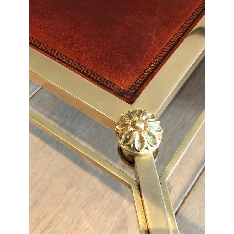 Table Basse de Style Néoclassique en Laiton, Plateau en Cuir Rouge, Maison Jansen, Vers 1940