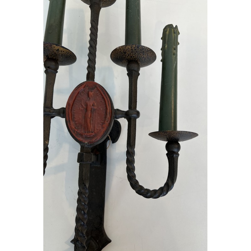 Large Pair of Five-Light Wrought Iron Gothic Style Wall Sconces with Coat of Arms, French Work, Circa 1940