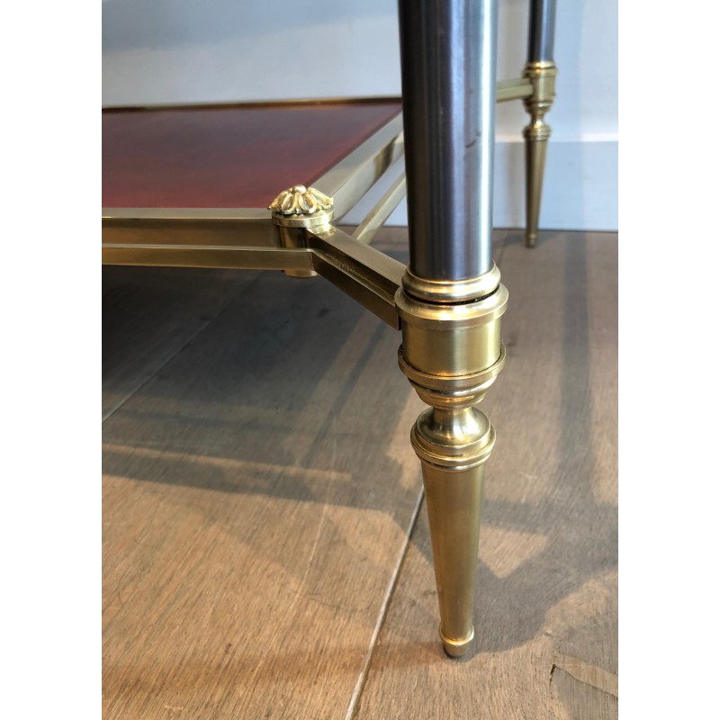 Table Basse de Style Néoclassique en Laiton, Plateau en Cuir Rouge, Maison Jansen, Vers 1940