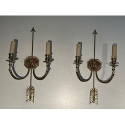 Pair of Empire Bronze Arrow Wall Sconces, Sun King Effigy, by Lucien Gau | circa 1950