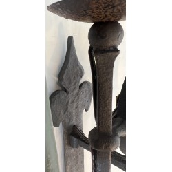 Large Pair of Five-Light Wrought Iron Gothic Style Wall Sconces with Coat of Arms, French Work, Circa 1940