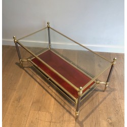 Neoclassical Style Brass Coffee Table with Red Leather Lower Shelf, Maison Jansen, Circa 1940