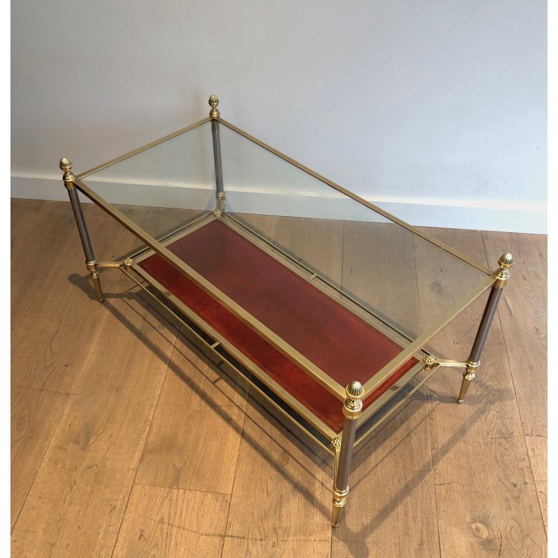 Neoclassical Style Brass Coffee Table with Red Leather Lower Shelf, Maison Jansen, Circa 1940
