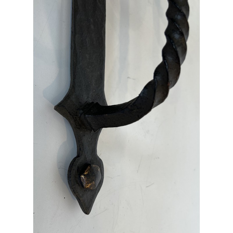 Large Pair of Five-Light Wrought Iron Gothic Style Wall Sconces with Coat of Arms, French Work, Circa 1940