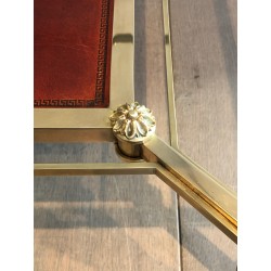 Neoclassical Style Brass Coffee Table with Red Leather Lower Shelf, Maison Jansen, Circa 1940