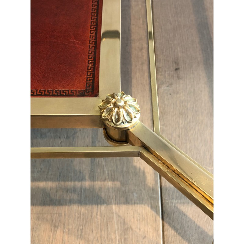 Table Basse de Style Néoclassique en Laiton, Plateau en Cuir Rouge, Maison Jansen, Vers 1940