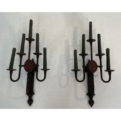 Large Pair of Five-Light Wrought Iron Gothic Style Wall Sconces with Coat of Arms, French Work, Circa 1940