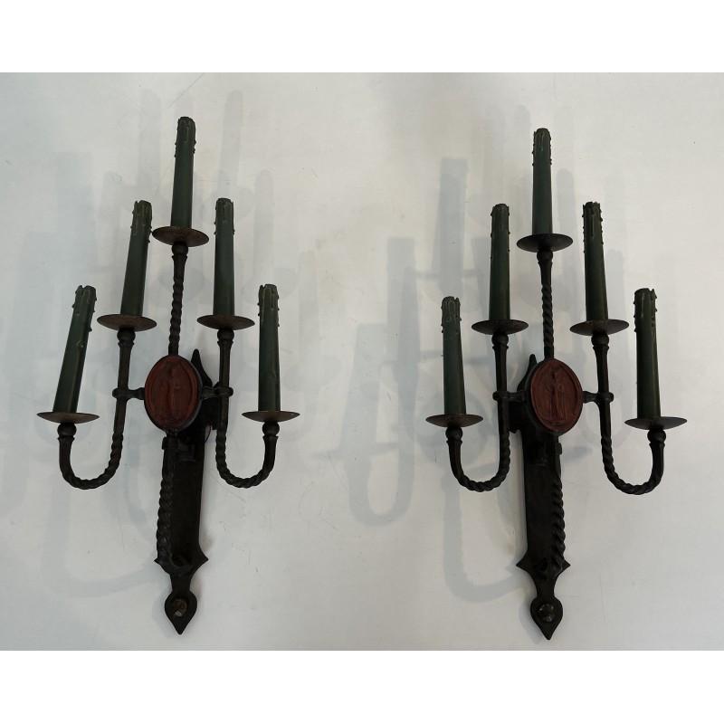Large Pair of Five-Light Wrought Iron Gothic Style Wall Sconces with Coat of Arms, French Work, Circa 1940