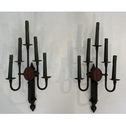 Large Pair of Five-Light Wrought Iron Gothic Style Wall Sconces with Coat of Arms, French Work, Circa 1940