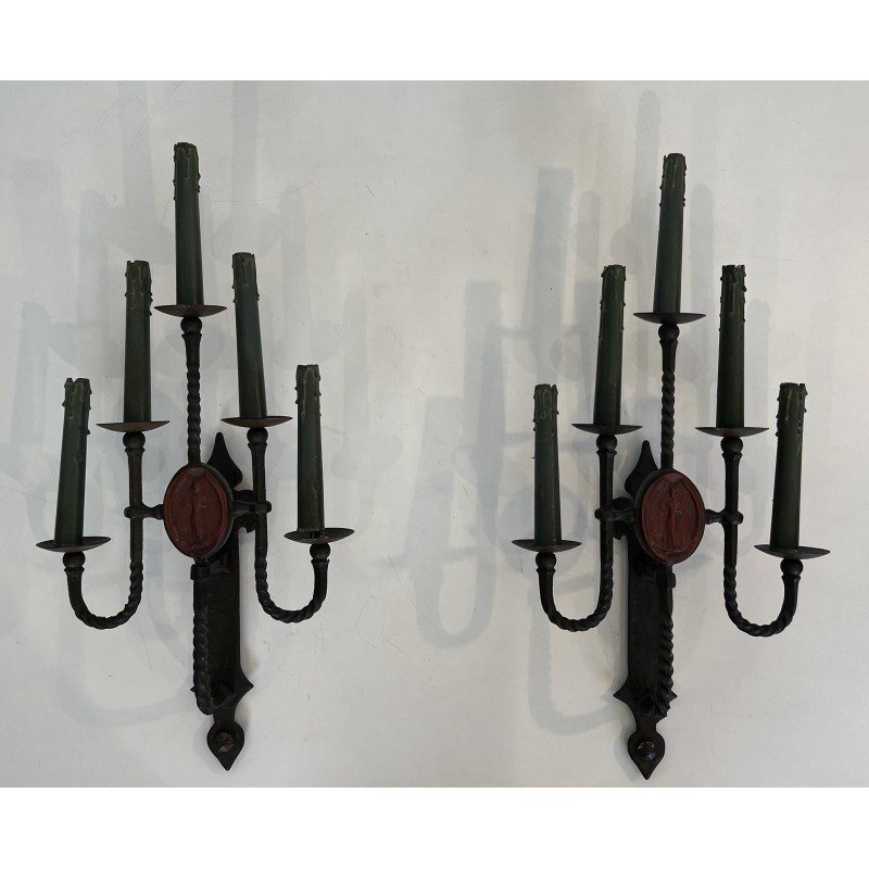 Large Pair of Five-Light Wrought Iron Gothic Style Wall Sconces with Coat of Arms, French Work, Circa 1940