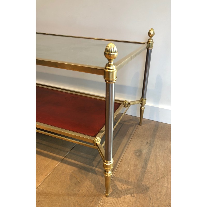 Neoclassical Style Brass Coffee Table with Red Leather Lower Shelf, Maison Jansen, Circa 1940