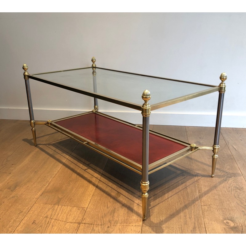 Table Basse de Style Néoclassique en Laiton, Plateau en Cuir Rouge, Maison Jansen, Vers 1940