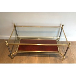Table Basse de Style Néoclassique en Laiton, Plateau en Cuir Rouge, Maison Jansen, Vers 1940