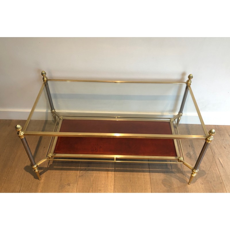 Table Basse de Style Néoclassique en Laiton, Plateau en Cuir Rouge, Maison Jansen, Vers 1940