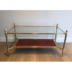 Neoclassical Style Brass Coffee Table with Red Leather Lower Shelf, Maison Jansen, Circa 1940