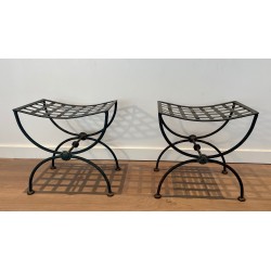 Paire de Tabourets Curules en Fer Forgé et Métal Patiné, Travail Français, Vers 1940