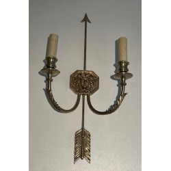 Pair of Empire Bronze Arrow Wall Sconces, Sun King Effigy, by Lucien Gau | circa 1950