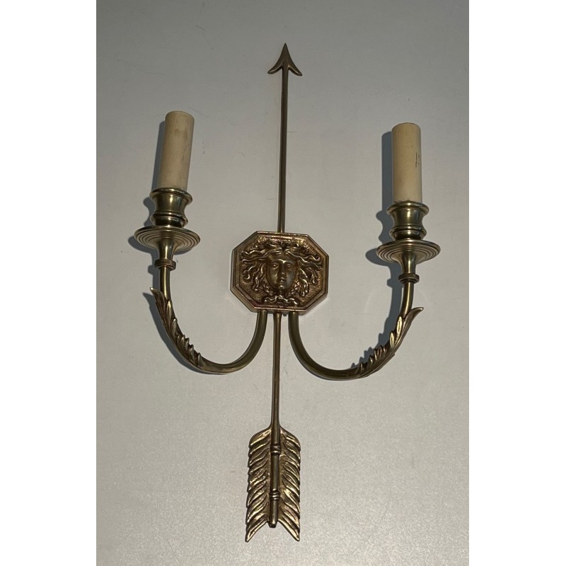 Pair of Empire Bronze Arrow Wall Sconces, Sun King Effigy, by Lucien Gau | circa 1950