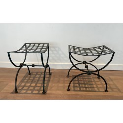 Pair of Curule Stools in Wrought Iron and Patinated Metal, French Work, Circa 1940