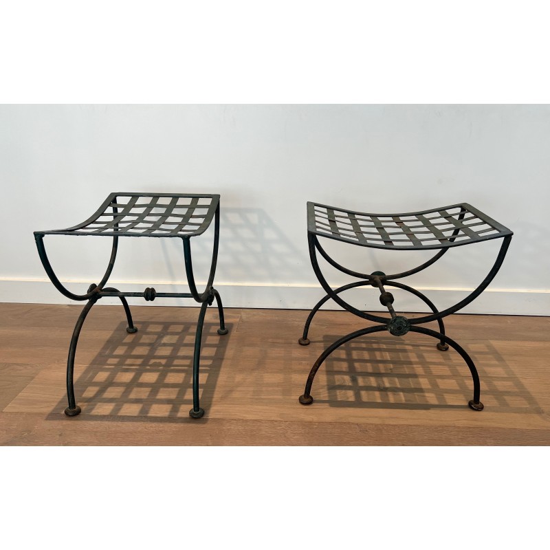 Pair of Curule Stools in Wrought Iron and Patinated Metal, French Work, Circa 1940