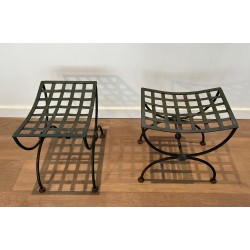 Pair of Curule Stools in Wrought Iron and Patinated Metal, French Work, Circa 1940
