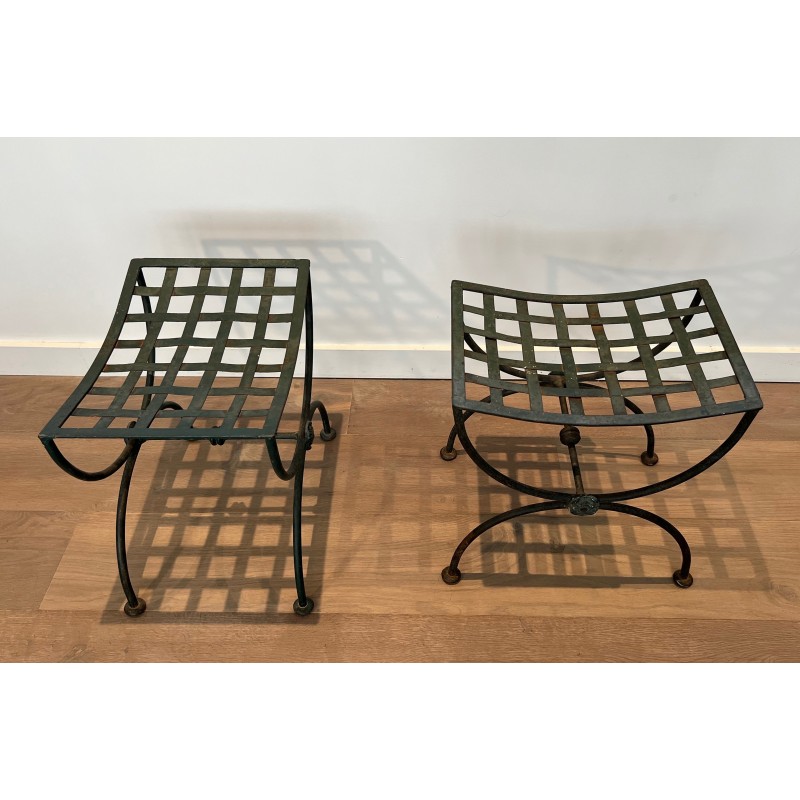 Pair of Curule Stools in Wrought Iron and Patinated Metal, French Work, Circa 1940
